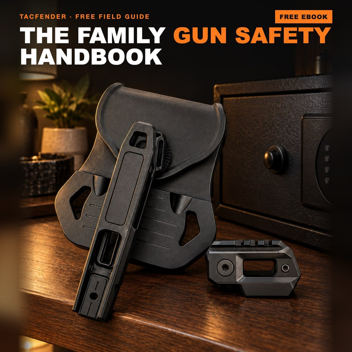The Family Gun Safety Handbook free ebook cover with the TACFENDER Universal Holster PRO and a quick-access safe
