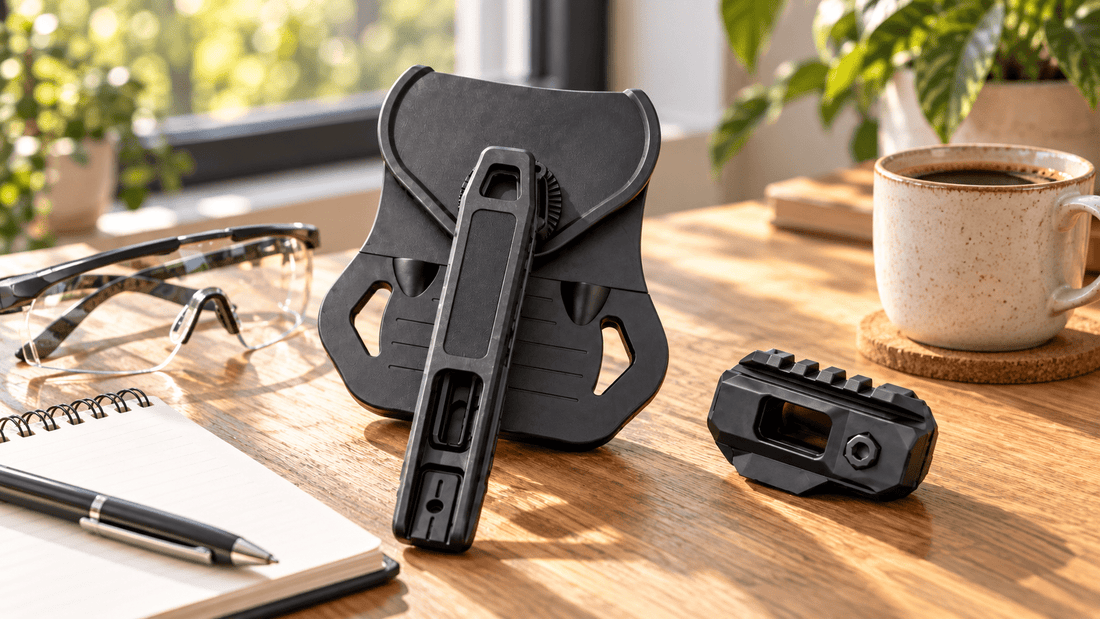 TACFENDER Universal Holster PRO with safety glasses and a notebook, a first holster for beginners (concept render)