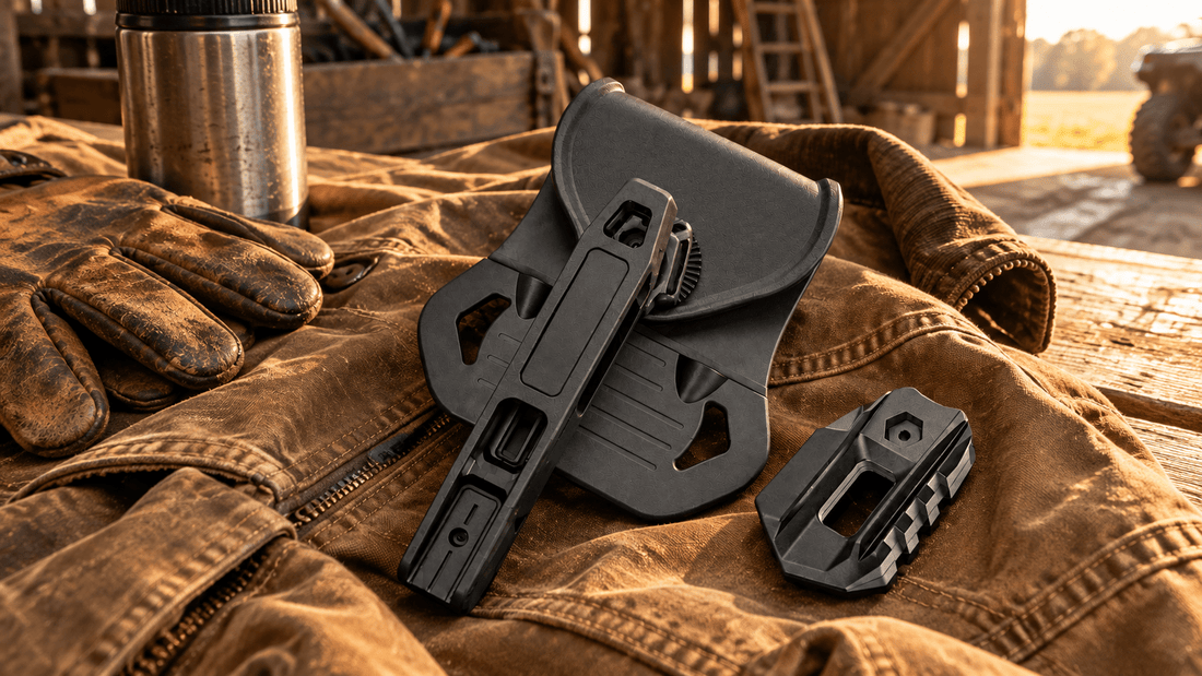 TACFENDER Universal Holster PRO and rail-lock adapter lying on a canvas work jacket in a barn workshop