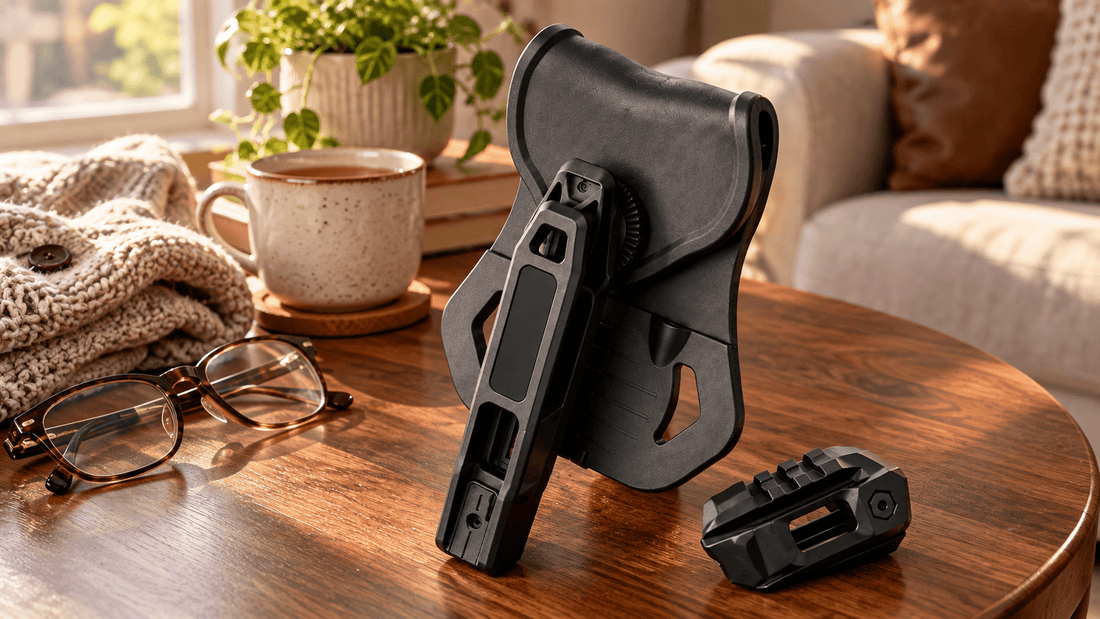 TACFENDER Universal Holster PRO turned at an angle with its rail-lock adapter on a living room side table with reading glasses and tea