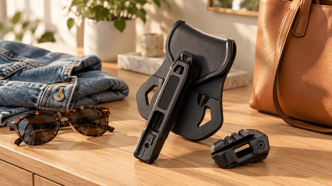 TACFENDER Universal Holster PRO turned at an angle with its rail-lock adapter on a dresser beside a denim jacket, sunglasses and a leather tote