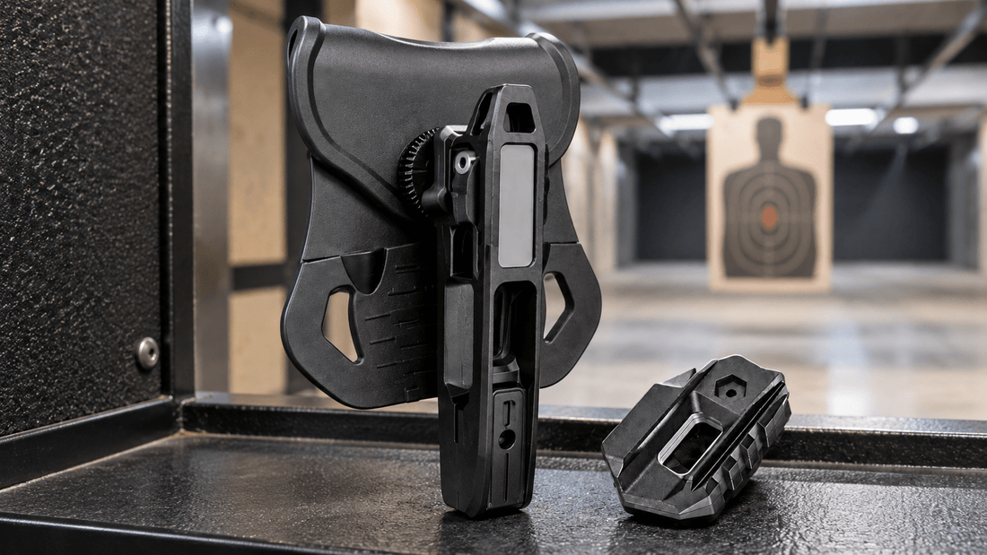TACFENDER Universal Holster PRO at a three-quarter angle with its rail-lock adapter on an indoor range stall shelf
