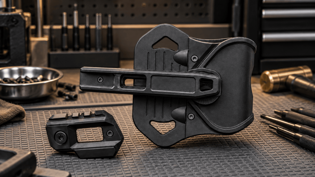 TACFENDER Universal Holster PRO lying on its side with its rail-lock adapter on an armorer's workbench