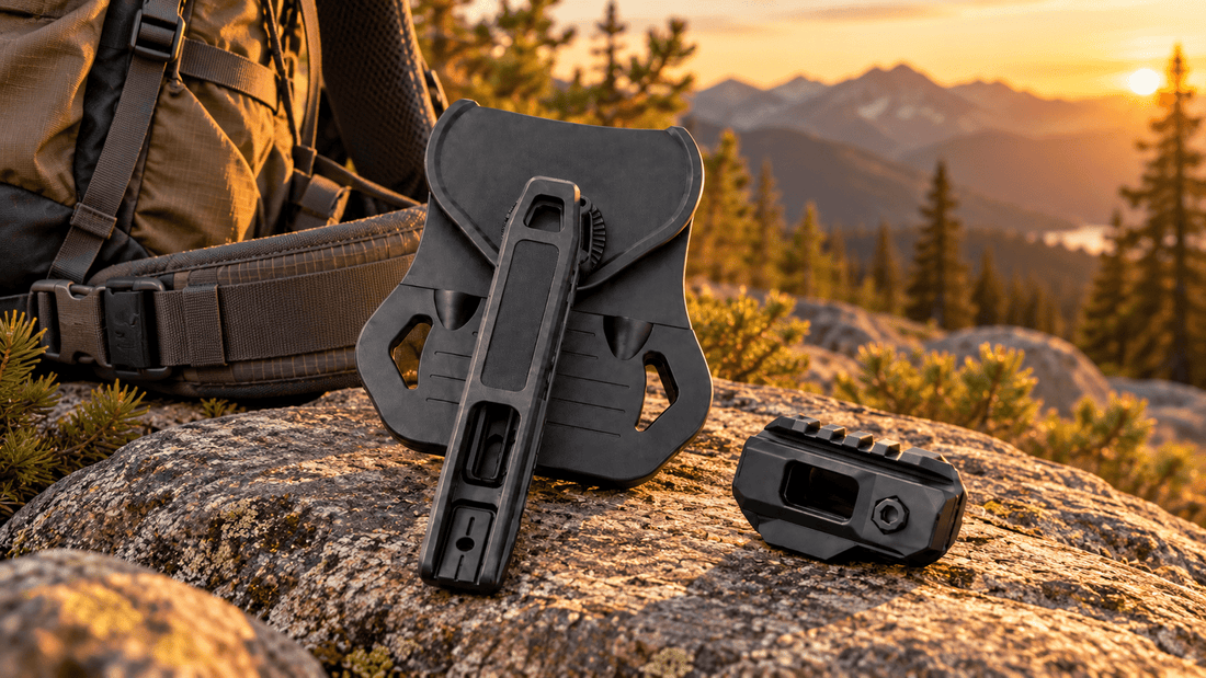 TACFENDER Universal Holster PRO on a trail rock next to a hiking backpack hip belt (concept render)