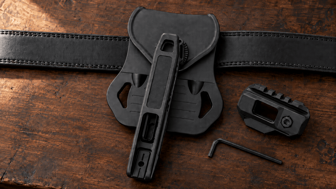 TACFENDER Universal Holster and rail-lock adapter flat-lay on a leather gun belt, arm set to a forward FBI cant (concept render)