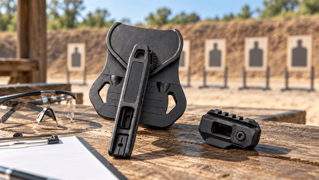 TACFENDER Universal Holster and rail-lock adapter on a shooting bench at an outdoor pistol training range (concept render)