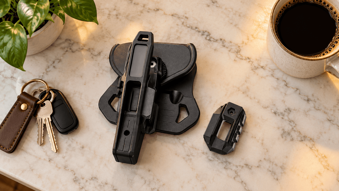 Top-down view of the TACFENDER Universal Holster PRO and rail-lock adapter on a kitchen counter with keys and coffee