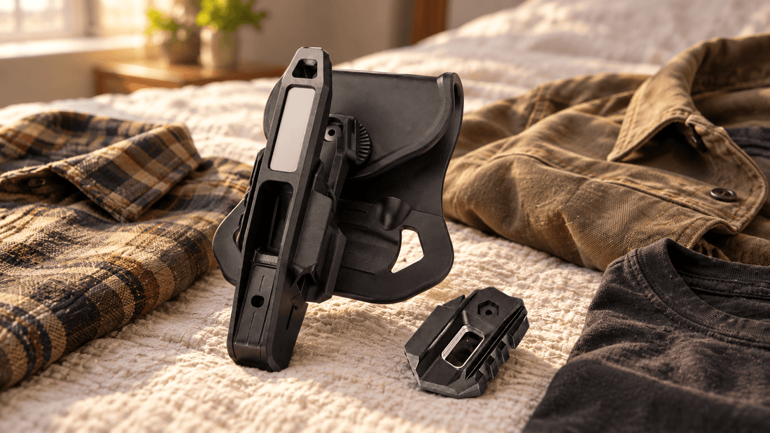 TACFENDER Universal Holster PRO at a three-quarter angle with its rail-lock adapter on a bed next to a flannel overshirt and jacket