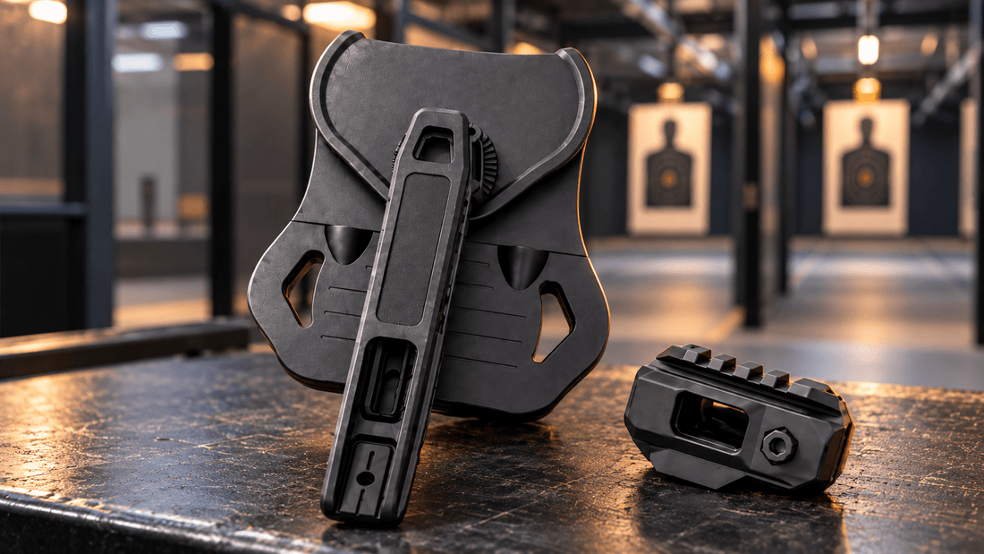 TACFENDER Universal Holster PRO on a range bench, rigid arm ready for safe reholstering (concept render)