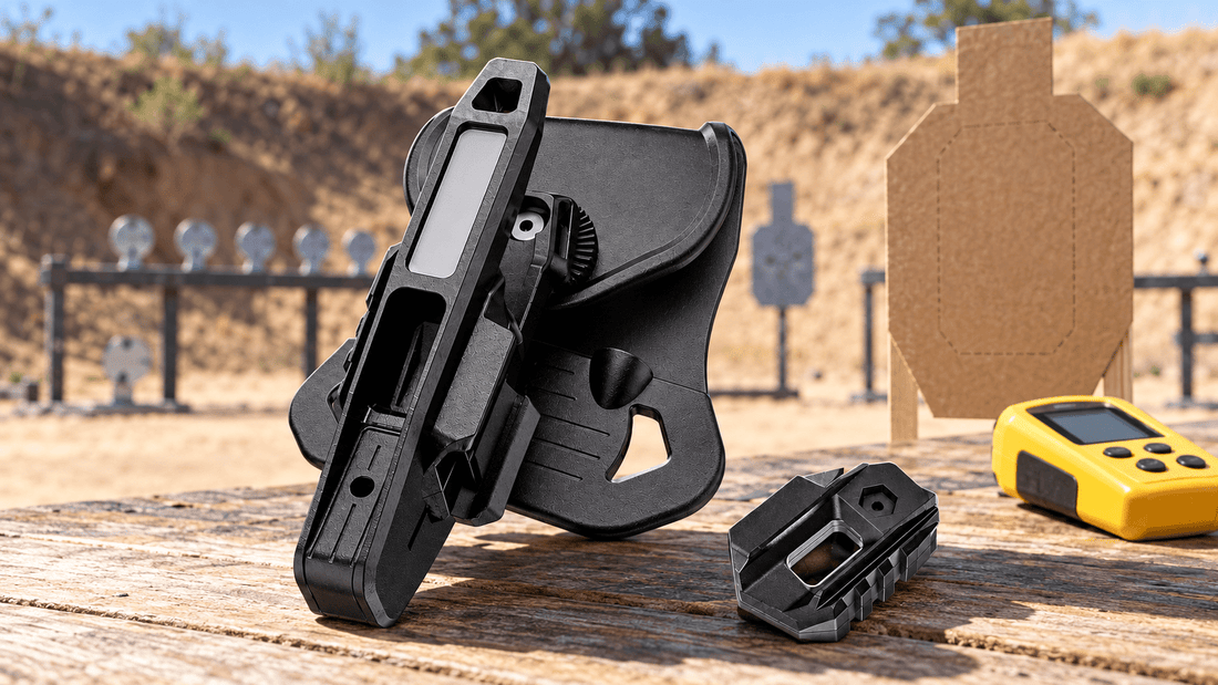 TACFENDER Universal Holster PRO at a three-quarter angle with its rail-lock adapter on a bench at an outdoor shooting match bay
