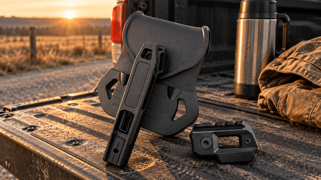 TACFENDER Universal Holster PRO and rail-lock adapter on a pickup truck tailgate at sunrise