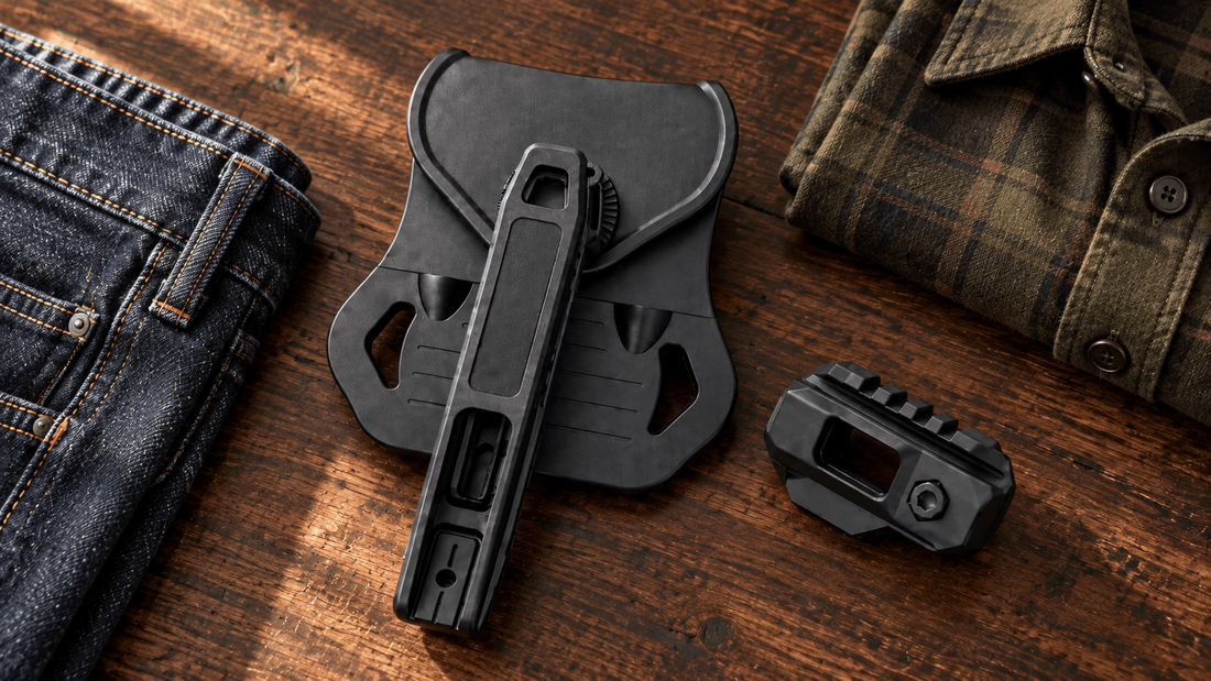 TACFENDER Universal Holster PRO with jeans and a flannel overshirt for OWB carry under a cover garment (concept render)