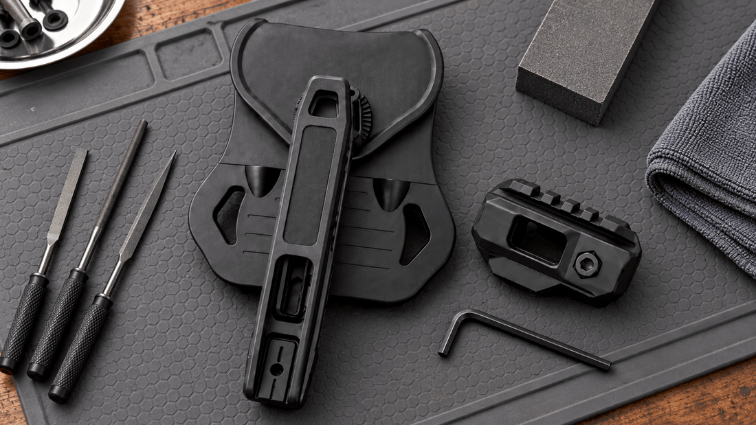 TACFENDER Universal Holster PRO and rail-lock adapter on a gunsmith bench for a P80 build fit check (concept render)
