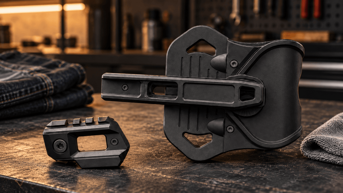 TACFENDER Universal Holster PRO paddle holster lying on its side next to its rail-lock adapter on a workshop bench