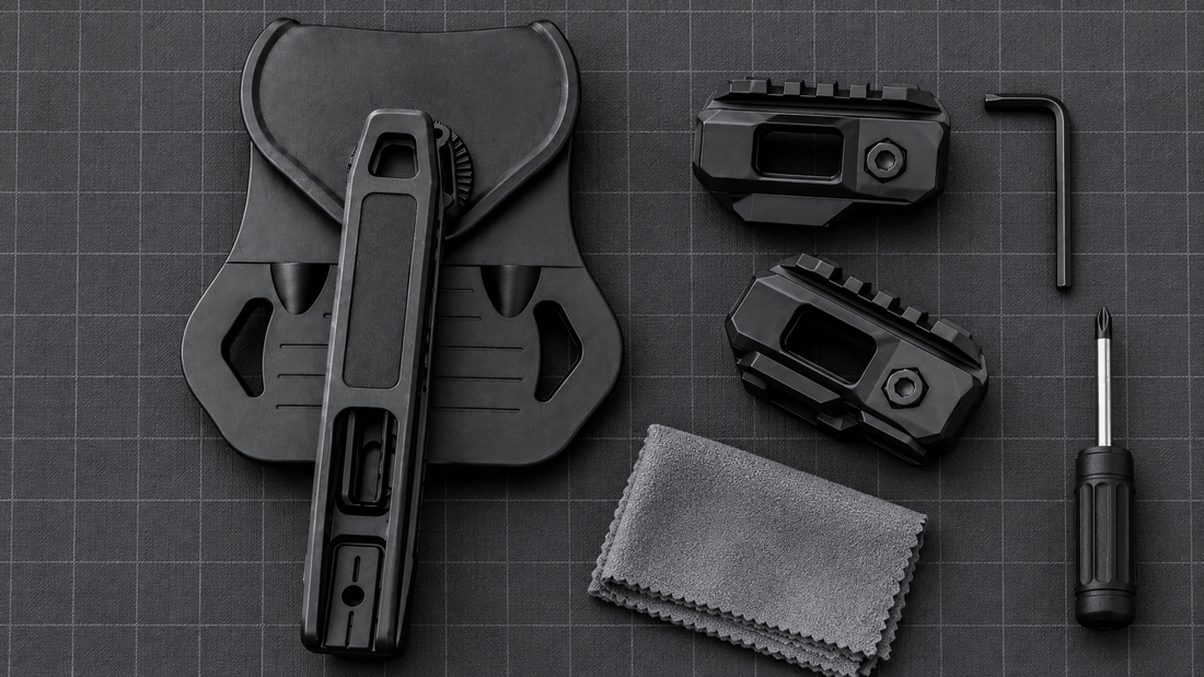 TACFENDER Universal Holster with X2 rail-lock holster adapters, hex key and screwdriver on a gunsmithing mat (concept render)