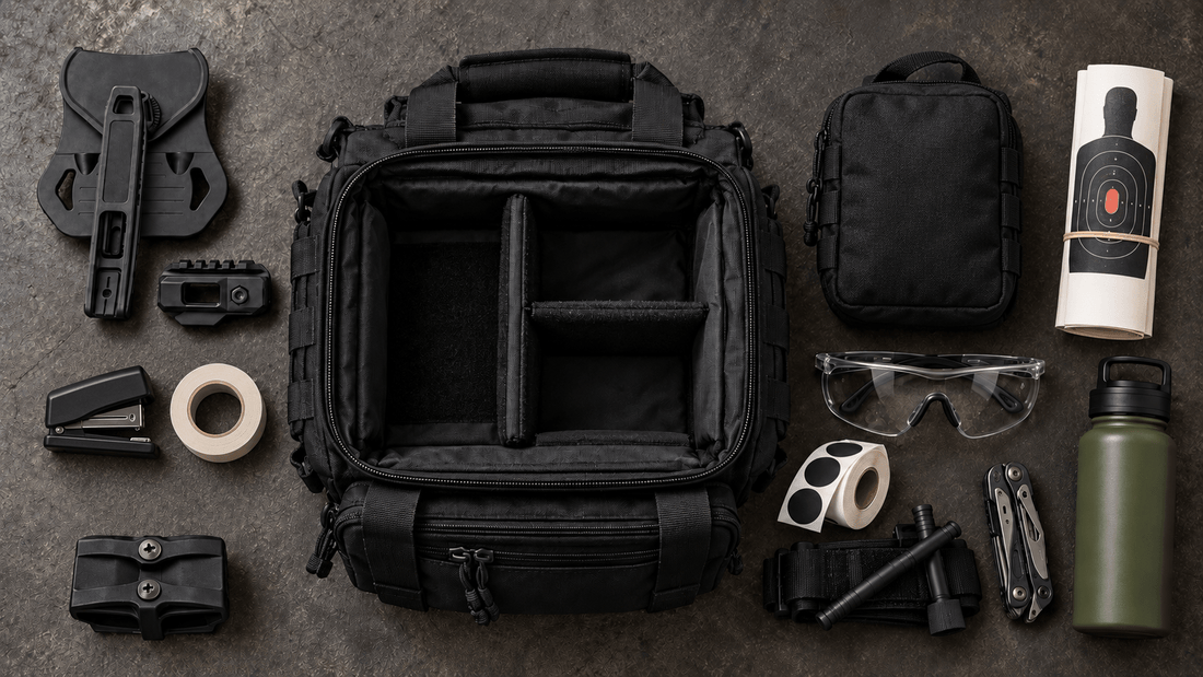 Range bag checklist flat-lay with TACFENDER Universal Holster, rail-lock adapter and Coupler Mag Holder (concept render)