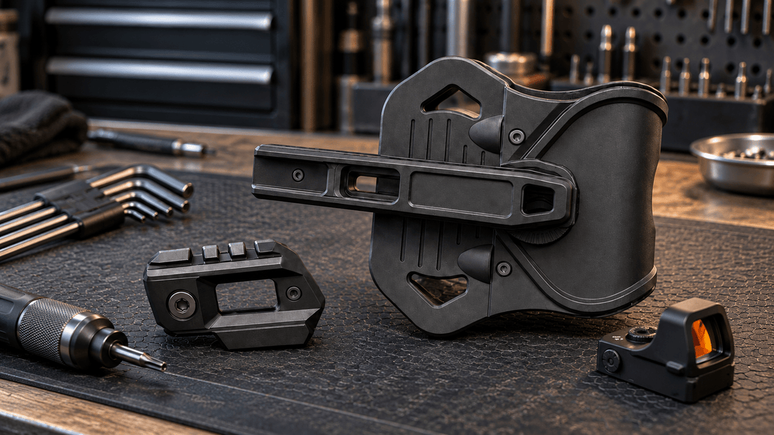 TACFENDER Universal Holster PRO lying on its side with its rail-lock adapter and a red dot sight on a gunsmith bench