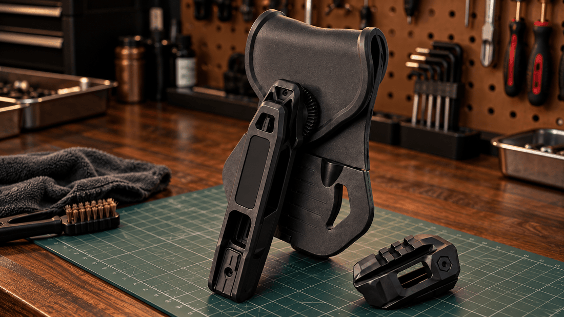 TACFENDER Universal Holster PRO turned at an angle with its rail-lock adapter on a workbench cutting mat