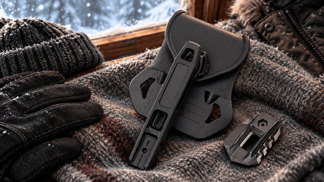 TACFENDER Universal Holster PRO and rail-lock adapter lying on a wool blanket with winter gloves and a beanie