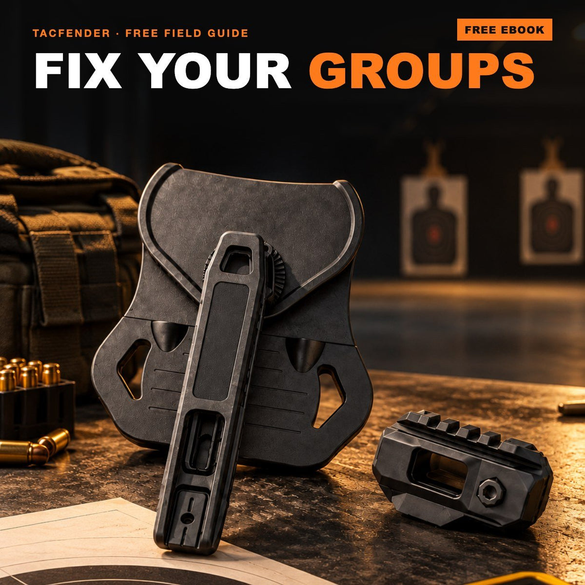 Fix Your Groups free ebook cover with the TACFENDER Universal Holster PRO and rail-lock adapter