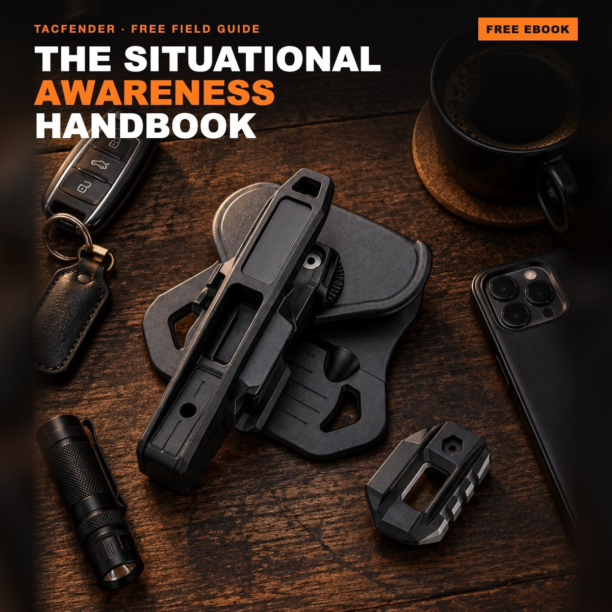 The Situational Awareness Handbook free ebook cover with the TACFENDER Universal Holster PRO on a cafe table